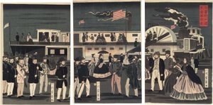 Přílet a odlet amerického parníku (Amerikakoku jokisha orai) od Utagawa Yoshikazu