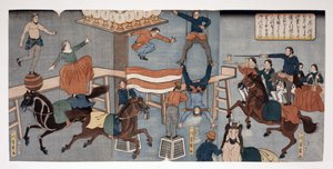 Zahraniční cirkus v Jokohamě, hospoda. (1864 (ručně kolorovaný dřevoryt)