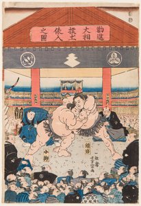 Combat de sumo entre Koyonagi et Kaganiiva. Estampe de Utagawa Yoshimune (1817-1880), vs 1850 - Zápas Koyonagi vs Kaganiiva, od Yoshimune, Utagawa (1817-1880). od Utagawa Yoshimune