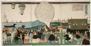 Let balónem v Americe, hospoda. 1865 (ručně kolorovaný dřevoryt) od Utagawa Yoshitora