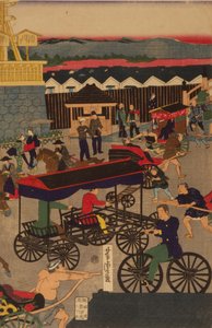 Flourishing Nihonbashi section of Tokyo. Tokyo Nihonbashi han ei no zu Triptych od Utagawa Yoshitora