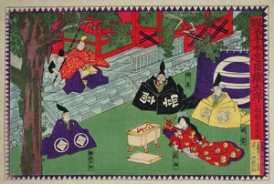 Scéna z 1. dějství kabuki hry „Kanadehon Chushingura“, příběh o pomstě založený na incidentu se čtyřiceti sedmi roniny z roku 1703, kolem roku 1870 (barevný dřevořez)