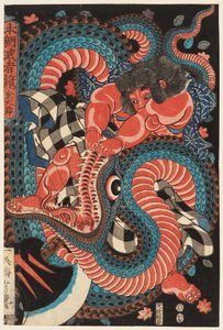 Kintarō zápasící s hadem od Utagawa Yoshituya
