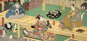 Scéna z Genji monogatari (Tale of Genji) od Murasaki Shibuku (nar. 978) c. 1860 (barevný dřevotisk) od Utagawa and Toyokuni Kuniyoshi