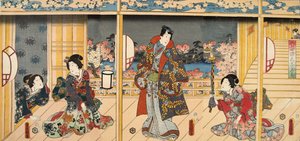 Scéna z Genji monogatari (Tale of Genji) od Murasaki Shibuku (nar. 978) c. 1860 (barevný dřevotisk) od Utagawa and Toyokuni Kuniyoshi