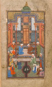 Palácová scéna v Tuhfat al-Ahrar (Dar zdarma) Buchara, Uzbekistán, uzbecké období, kolem roku 1540 (neprůhledný akvarel, inkoust a zlato na papíře)
