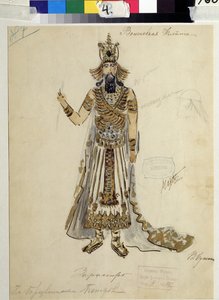 Kostýmní návrh pro operu "Kouzelná flétna"" od Wolfganga Amadea Mozarta (1756-1791) (Návrh kostýmů pro operu "die Zauberflote"" od WA Mozarta). Dílo V.Bushiny (počátek 19. století). Akvarel, kvaš a zlato na papíře od V. Bushina