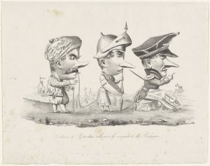 Karikatura rotterdamské milice, 1830 Les braves de Rotterdam allant à la conquête de la Belgique (název na objektu) od V. Dubrulle