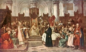 Jan Hus v Kostnici (barevná litografie) od Vaclav (1851-1901) (after) Brozik