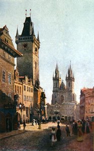 Pohled na Staroměstský rynk s radnicí a kostelem Panny Marie před Týnem, ze Staré Prahy, cca 1900 (barevná litografie)