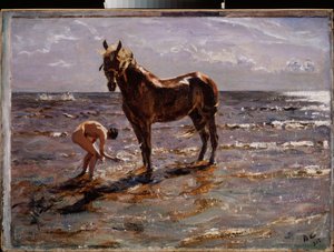 Koňská koupel. (Mladý nahý muž šplouchá koně, další dvě postavy vybíhají na moře). Obraz Valentina Alexandroviče Serova (1865-1911), olej na plátně