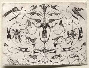 Arabeska s pávem, andulkou, psy a hmyzem, 1626. od Valentin Sezenius