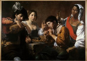 Setkání v kabaretu Obraz Valentina de Boulogne (1591-1632) 17. století Ne. 0,96 x 1,33 m