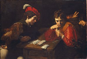 Cardsharpové od Valentina de Boullogne (1591-1632). Olej na plátně, c. 1615. Rozměr: 94,5x137 cm. Drážďanské státní umělecké sbírky