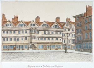 Pohled na Staple Inn a budovy Middle Row v centru Holbornu, Londýn, 1850.