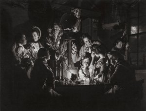 Experiment na ptáku ve vzduchové pumpě po Josephu Wrightovi z Derby, 1769.