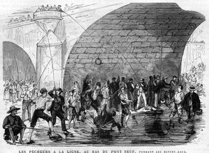 rybář má šňůru na dně mostu devět v Paříži v roce 1868 za nízké vody. kresba Desroches - Valnay. od Valnay Pere et fils