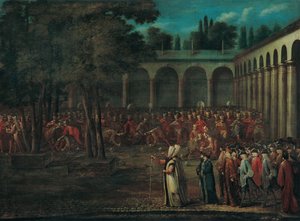Velvyslanecká delegace procházející druhým nádvořím paláce Topkapı, 20. léta 18. století
