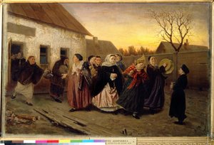 Ruský zvyk: průvod žen, které vycházejí z domu, tančí a zpívají v předvečer svatby (předvečer svatby v lázeňském domě). Obraz Vasilije (Vasiliho) Grigorjeviče Perova (1834-1882) od Vasili Grigorevich Perov