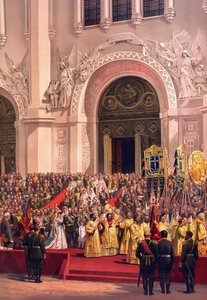 Korunovační album ruského cara Alexandra III. (1845-1894) a císařovny Marie Fjodorovny (Dagmar z Dánska) (1847-1928) - Císařský pár opouštějící katedrálu Krista Spasitele (Z korunovačního alba) od Vasilije Petroviče (Petr.