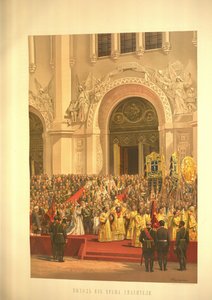 Císařský pár opouštějící katedrálu Krista Spasitele z korunovačního alba, 1883