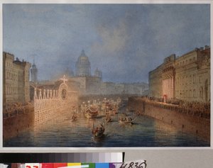 Osvětlení řeky Moika v Petrohradu. Dílo Vasilije Semjonoviče Sadovnikova (1800-1879), akvarel na papíře