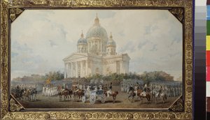 Průvod před katedrálou svatého Izáka v Petrohradě. Dílo Vasilije Semjonoviče Sadovnikova (1800-1879), akvarel na papíře od Vasili Semenovich Sadovnikov