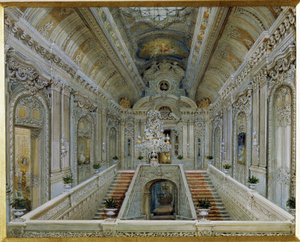 Hlavní schodiště Jusupovského paláce (palác Moika) v Petrohradě. (Hlavní schodiště v Jusupovově paláci v Petrohradě). Dílo Vasilije Semjonoviče Sadovnikova (1800-1879), akvarel na papíře. ruské umění od Vasili Semenovich Sadovnikov