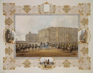 Recenze pluku jízdních stráží před Zimním palácem, 50. léta 19. století od Vasili Semenovich Sadovnikov