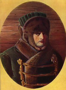 Napoleon Bonaparte v těžkém zimním oblečení na vojenském tažení (barevná litografie)