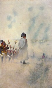 Napoloeon Bonaparte stojí mezi svými vojáky před Moskvou (barevná litografie)