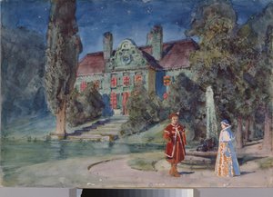 Přípravná výzdoba, zahrada před domem, pro operu "Boris Godounov"" od Modeste Moussorgského (1839-1881) - Scénický návrh pro operu Boris Godunov od Modeste Musorgského - Dílo Vasilije Dmitrieviče Polenova (1844-1927) , akvarel a kvaš na od Vasilij Dmitrievich Polenov