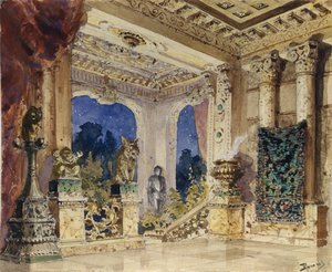 Scénický návrh k opeře Šarlatová růže N. Krotkova, 1884 od Vasilij Dmitrievich Polenov