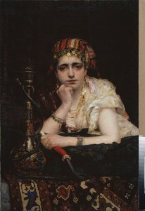 Odaliska. (Portrét harémové ženy s melancholickým pohledem, držící vodní dýmku). Obraz Vasilije Dmitrieviče Polenova (1844-1927), olej na plátně. Ruské umění 19. století, orientalismus. Národní muzeum umění Běloruské republiky, Minsk (Bieloru od Vasilij Dmitrievich Polenov