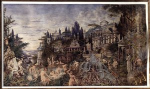 Orgie (An Orgie). Scéna oslav před starověkými římskými paláci, sdružující dionýský průvod satyrů a bakchantů ve scénách z koupele. Dílo Vassili (Vasili, Vasilii, Wilhelm) Alexandrovič Kotarbinskij (Kotarbinski, Kot od Vasily Alexandrovich Kotarbinsky