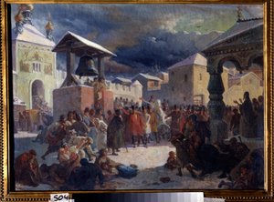 Veche (středověké lidové shromáždění slovanských zemí) v Novgorodské republice (Věče v Novgorodské republice). Obraz Vasilije Grigorieviče Chuďakova (1826-1871). Olej na plátně od Vasily Grigorievich Khudyakov