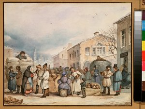 Hay Market Place v Petrohradě - dílo Vasilije Ivanoviče Shternberga (1818-1845), akvarel na papíře od Vasily Ivanovich Sternberg