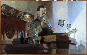 Joseph Stalin (Stalin) (Joseph Vissarionovič Djougachvili dit) (1879-1953) redefinuje sovětskou ústavu (Stalinskou ústavu) během 8. mimořádného sjezdu Sovětů 5. prosince 1936. Vidíme Vjačeslava Molotova (1890-1986) na dr. od Vasily Semyonovich Svarog