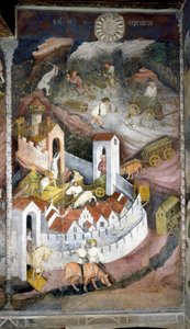 Prosinec: dřevorubci sbírají dřevo a přivážejí ho zpět do města Trento, kde jsou zastoupeny hradby a hrad Buonconsiglio. Malba Mistra měsíců nebo Mistra Václava (Maestro dei Mesi nebo Maestro Wenceslao italsky, zač.