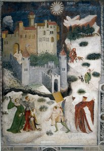 Měsíc leden: zasněžená krajina s aristokraty a lovci. Aristokraté hrají sněhové koule, zatímco lovci chodí na lov se svými psy. V dolní části je zámek Castello di Stenico a muž s klíčem je připraven otevřít dveře pevnosti. Malování od Mas