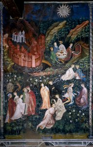 Měsíc květen: páry mladých aristokratů a paní v růžové zahradě (růžová zahrada). Scéna lásky a míru mezi růžemi. Ve spodní části stolu lidé jedí svá jídla a pijí pramenitou vodu z fontány. Vpravo je znázorněno opevněné město