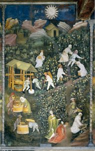 Říjen: scéna sklizně, sklizeň hroznů a příprava moku (lisování vína). Obraz od Mistra měsíců nebo Mistra Václava (italsky Maestro dei Mesi nebo Maestro Wenceslao, poč. 15. stol.) restauruje Marcello Fogolino kolem r.