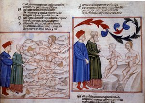 Dante a Vergilius v rozhovoru s Grifolinem z Arezza a Capocchiem ze Sieny. 14. století (miniatura) od Venetian School