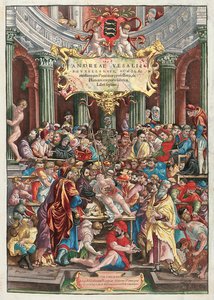 Frontispis k De Humani Corporis Fabrica Libri Septem od Andrease Vesaliuse (1514-64), vydal Johannes Oporinus, Basilej, červen 1543 (barevný dřevoryt) (viz také 233019)