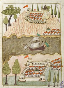 Paní cicogna 1971, miniatura z „Memory Turchese“ zobrazující dvě velké pevnosti na Bosporu (pero a inkoust na papíře) od Venetian School