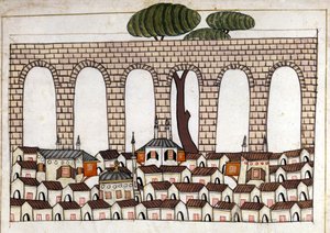 Pohled na Konstantinopol a jeho akvadukt. Miniatura z „tureckých památníků“ (kodex Cicogna 1971 „Memorie Turchesche“) Akvarel z benátské školy ze 17. století. od Venetian School
