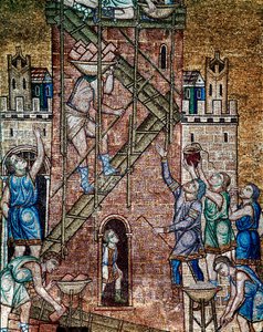 Byzantská architektura: ""stavba babylonské věže""" Na místě dělníci maconi, upevnění na lešení, položili kameny věže. Mozaika od benátských umělců 13. století Basilica di San Marco (Bazilika sv. Marka), Benátky