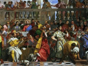 Svatební hostina v Káně, detail hudebníků a psů, c.1562 detail olej na plátně z 94932 od Paolo Veronese