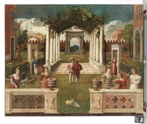 Klasická architektonická zahrada s elegantními postavami, hornatá krajina za ní, c. 1530 (olej na plátně) od Veronese School
