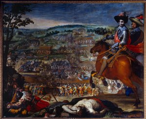 Třicetiletá válka: 1618-1648. "Bitva u Fleurus v roce 1622." Staví se proti protestantským jednotkám Christiana de Brunswicka a Ernsta von Mansfelda proti španělské armádě vedené zástupcem Gonzala Fernandeze de Cordoba vpravo. Obraz Vicente Ca